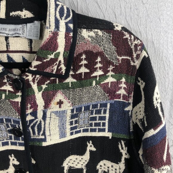 Jane Ashley Jacket Womens Medium Tapestry Mountain Scene Reindeer Pines Church - Picture 10 of 16